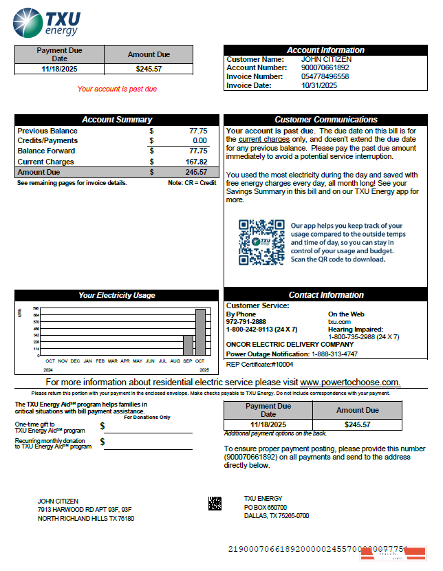 USA TXU Energy utility bill template in Word and PDF formats, version 8